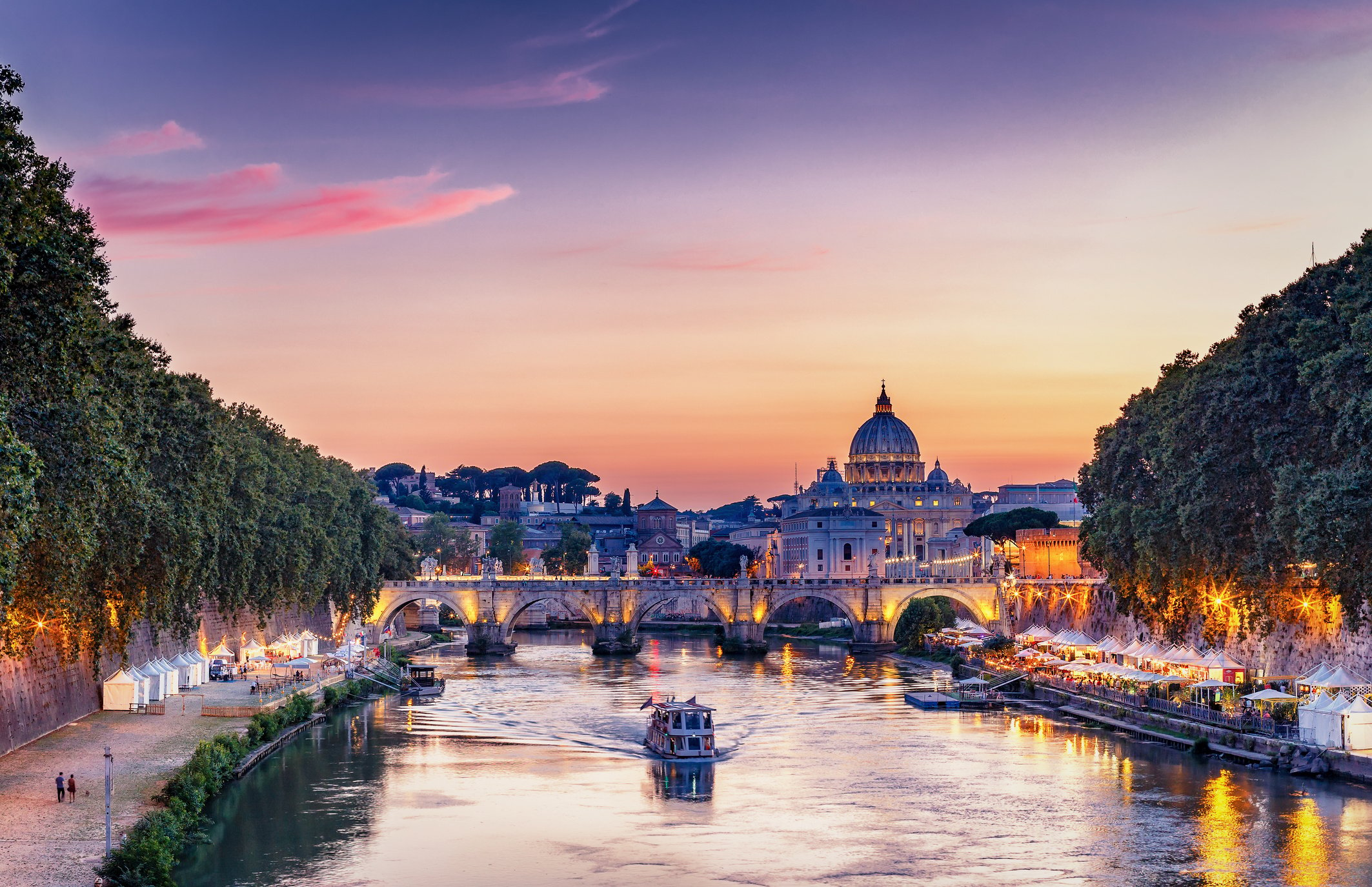 Scenic view of Rome, Italy, at sunset. Colorful travel background.